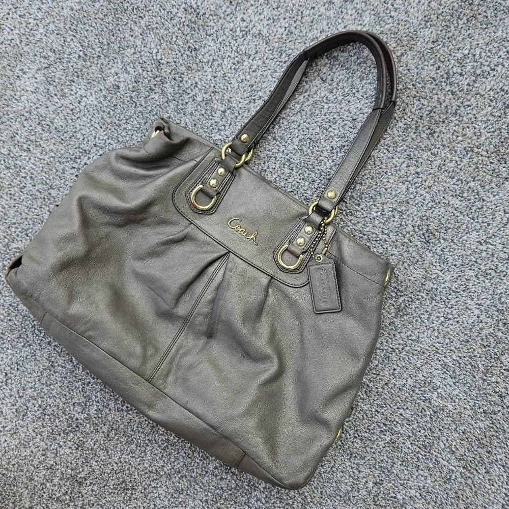 COACH Ashley Carryall Satchel Steel Gold Leather Hobo Shoulder Bag Purse F15513